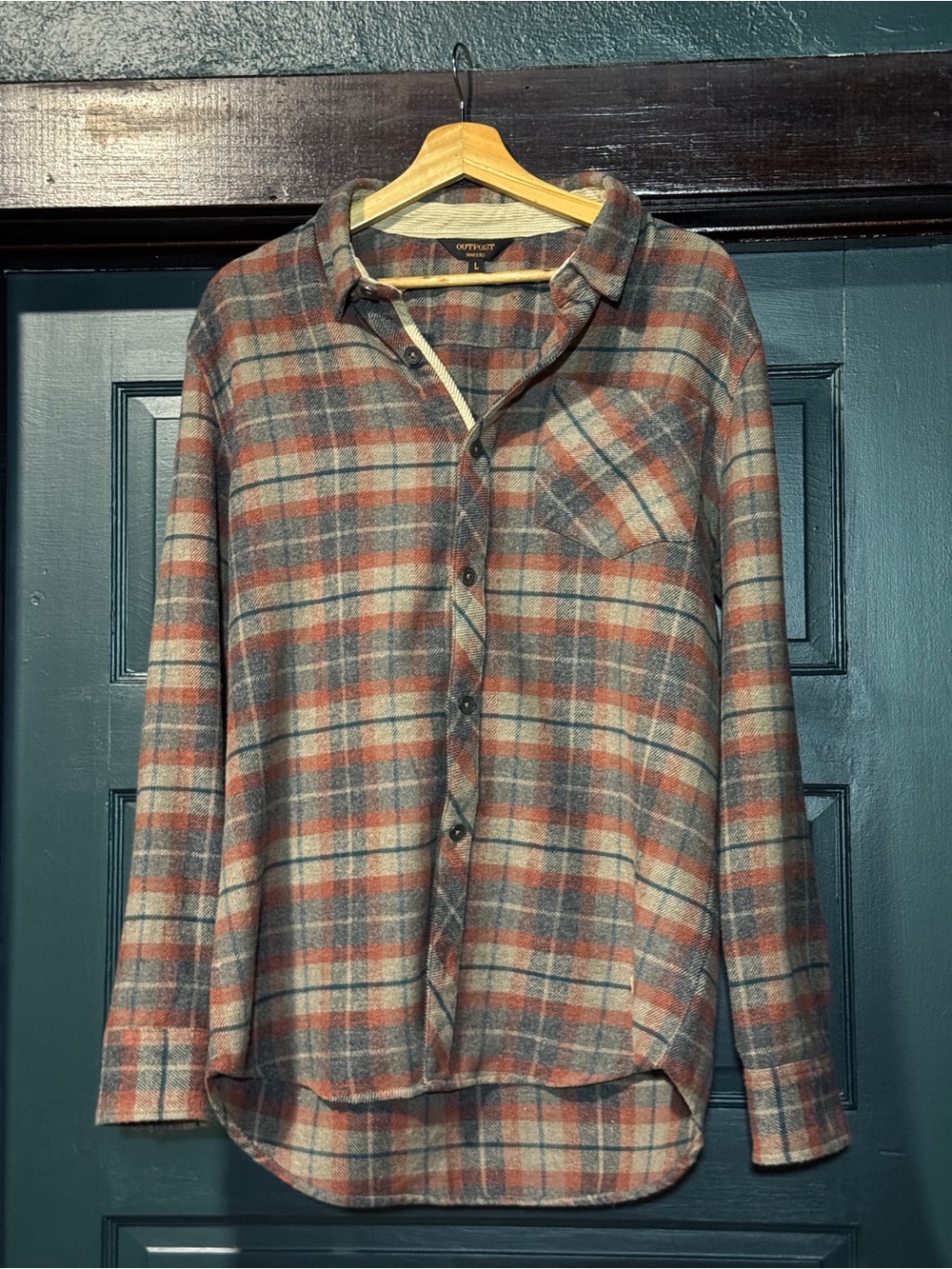 Outpost Makers Men's Plaid Flannel Shirt L Gray Orange with Corduroy Trim